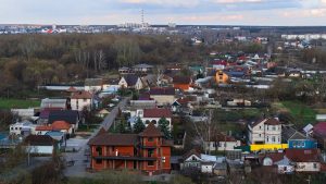 A high-angle view of a residential area.