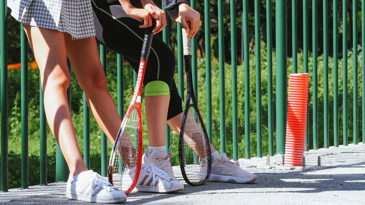 Two tennis players resting with rackets by a railing in Mexico City.